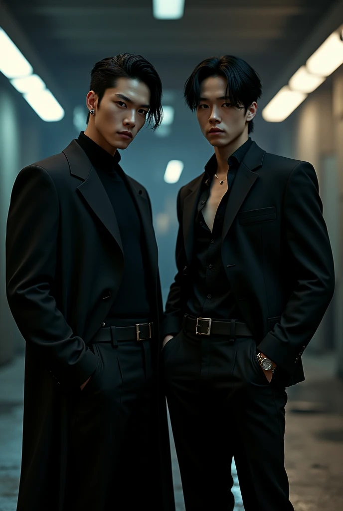 An image of Hyunjin and Felix from Straykids where Hyunjin is a mobster who is dressed in a black suit and Felix has a short black shirt fitted to his body along with black pants.
