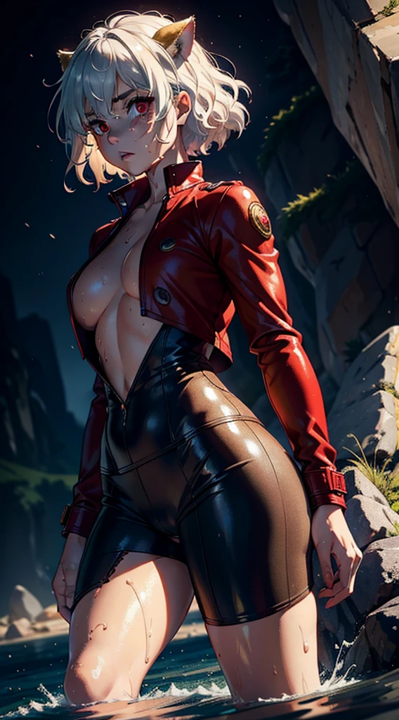 Neferpitou, 1girl, she's wet, A shocked expression, short white hair, short messy hair, cat ears, wet hair, standing on feet, wet clothes, from the front side,((tmasterpiece),(Very detailed CG unity 8K wallpaper),best qualtiy,,report,1girll,cinmatic lighting,detailed back ground,beatiful detailed eyeright pupils,(Very fine and beautiful),(Beautiful and detailed eye description),ultra - detailed,tmasterpiece,)),facing at camera,Protruding underparts,Camel toes,absurderes,A high resolution,ultra - detailed),she soaking wet,1girll,report,mature,(Very long hair,brunette color hair)Emotive expressions,Open-mouthed, bulge,Camel toes,Protruding,Colorful,Most detailed,exteriorully body photo, beautiful red eyes, perfect eyes, perfect face, (red eyes:1), muscular, rocky cliffside, hot pose, black jacket, yellow buttons, red shorts, red stockings, sfw