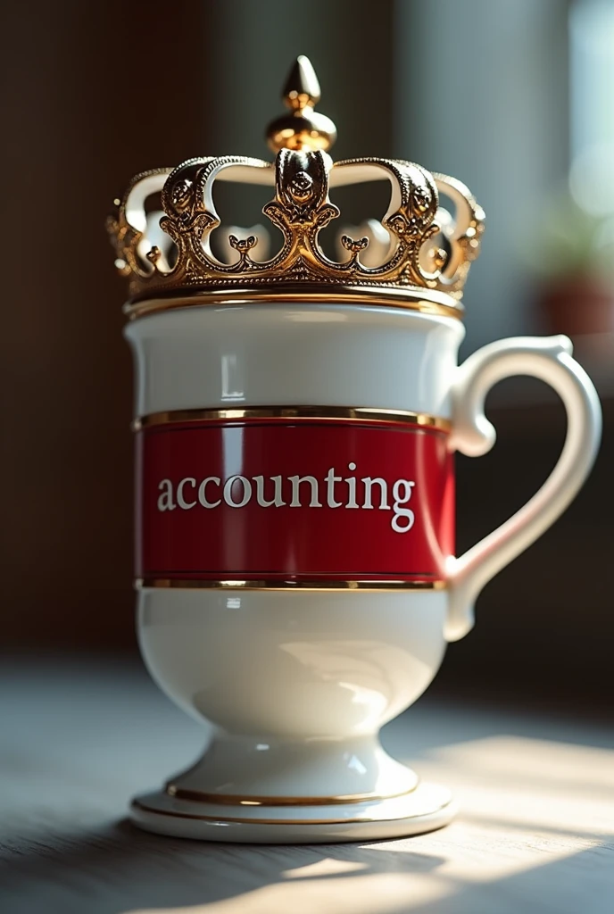 Cup with crown with a cherry-colored band that says "accounting"