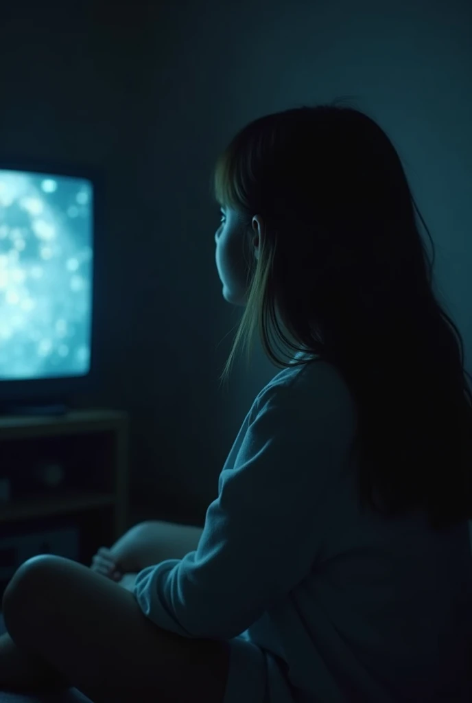 A looking while watching TV while her boyfriend takes a picture of her from behind with the lights off and without showing their faces with the lights off and without showing her boyfriend