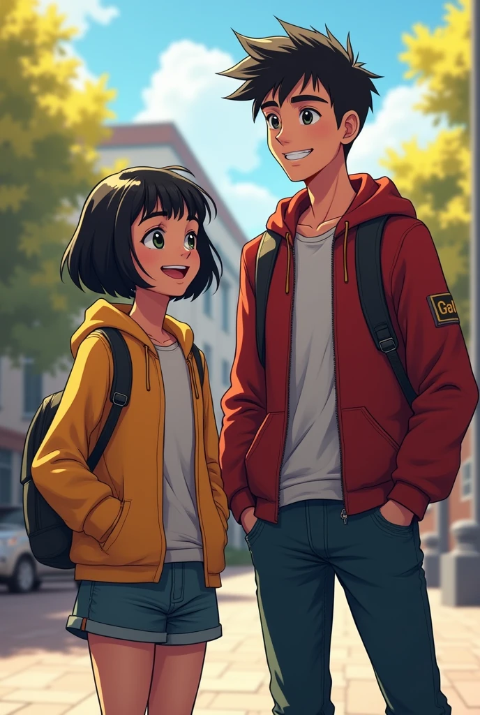 Marvel style , a girl with short black hair, white smiling with a tall white school boy and they are both agers 