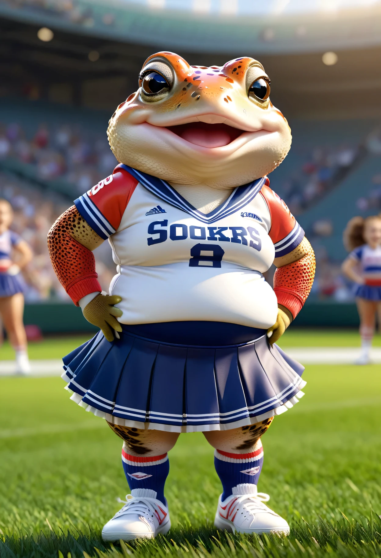 photorealistic portrait of Dressed animals - a ((fat))[] (toad) cheerleader,(full body image from head to toe:2.0), (hands on hips:2.0),(standing), (happy smile:1.2),high quality,(lovely) , highly detailed cute  top with team logo ,intricate detailed  short pleated skirt, highly detailed ((cheerleader's costume)) ,(highly detailed sox and sneakers),(natural toad skin), (happy), natural lighting,,( grass sports field background),score_9, score_8_up, score_7_up, score_6_up, score_5_up, score_4_up,