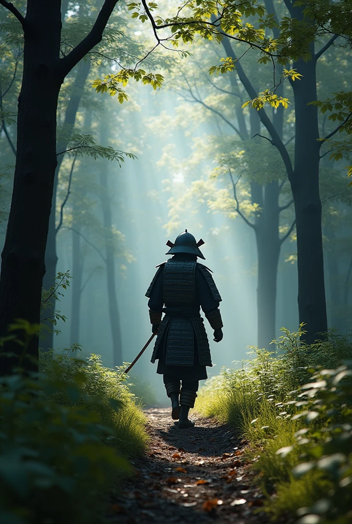 samurai walking in the forest
