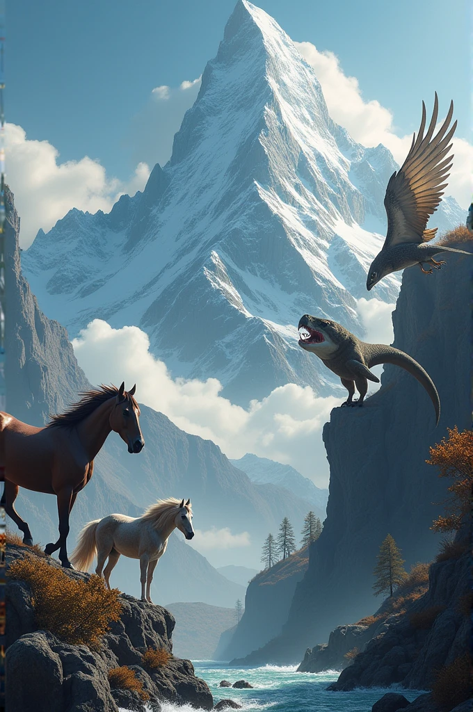 Draw a viper, a horse, a shark, an eagle and a mountain in the background