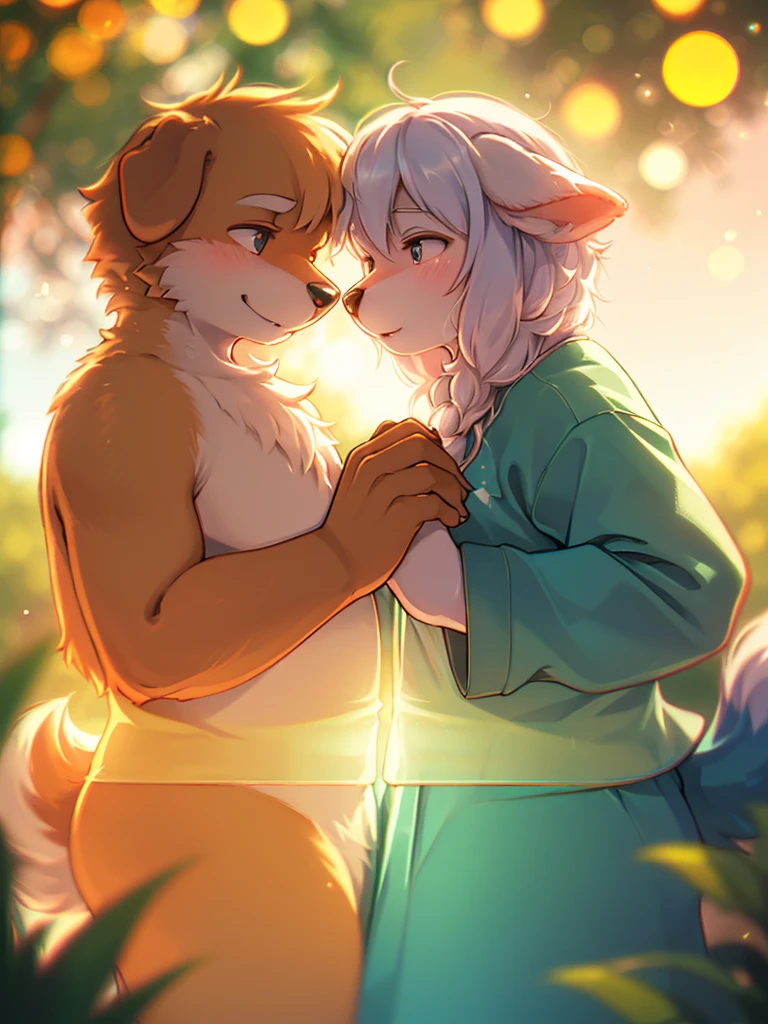 (Sumilux f1.4 50mm , low Latitude old color negative film , cross process , (bokeh), flare, chromatic aberration , soft focus, (Shallow focus) , soft glow , Maximum aperture, high Key , Transparent depiction , Tyndall) , An elderly dog couple's lovey-dovey date , High sexual desire , loose body