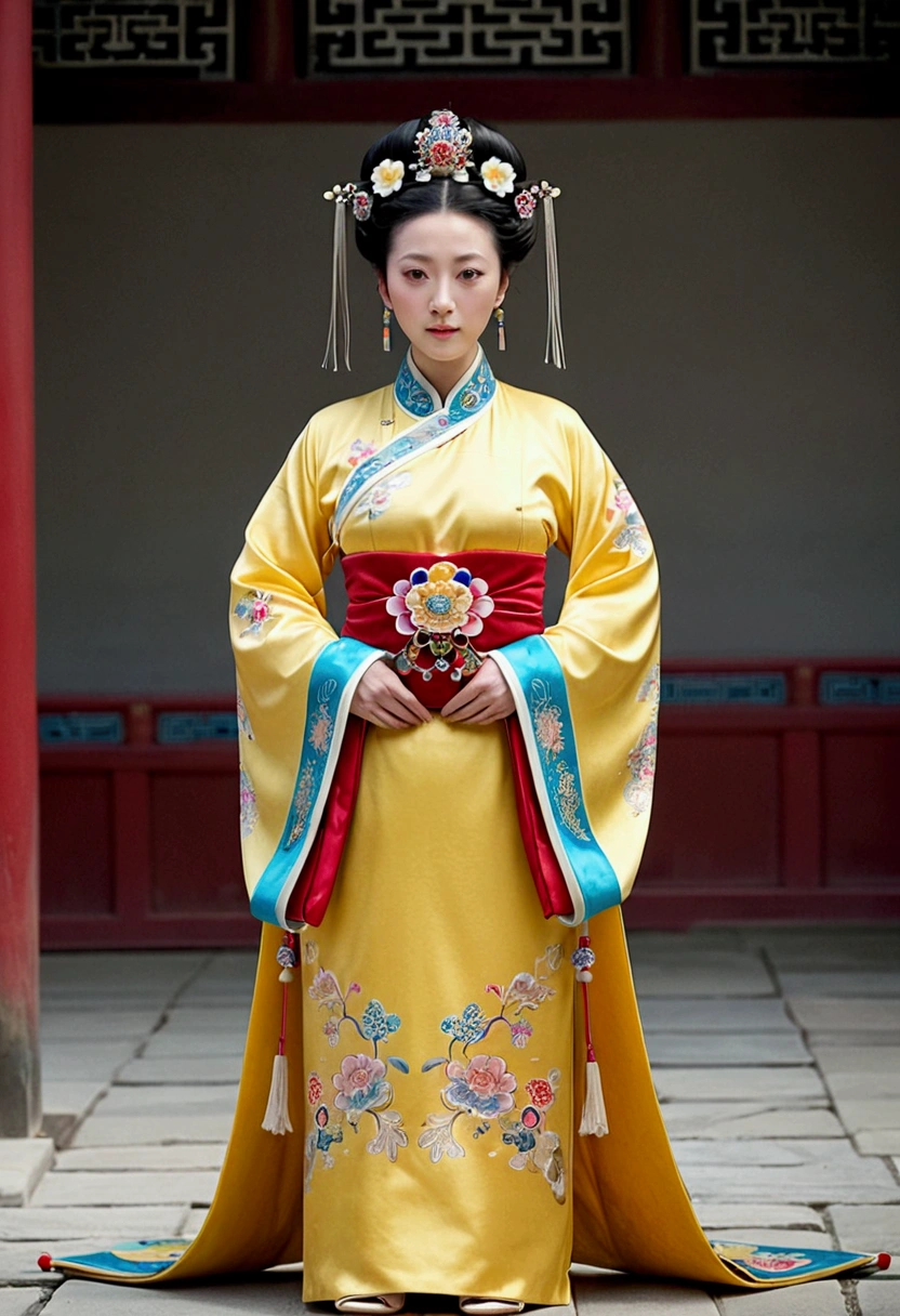 A woman seen from the front, standing full-body, facing forward, wearing a crown and floral hairpin of a Qing dynasty empress in the Chinese imperial court of the Qing dynasty, showing her chest, lower abdomen, thighs and feet。She is wearing no underwear, and her large breasts are exposed, right down to her bare stomach. Her body is tied up and pulled up, and the background is the stone pavement of the Chinese palace during the Qing dynasty.