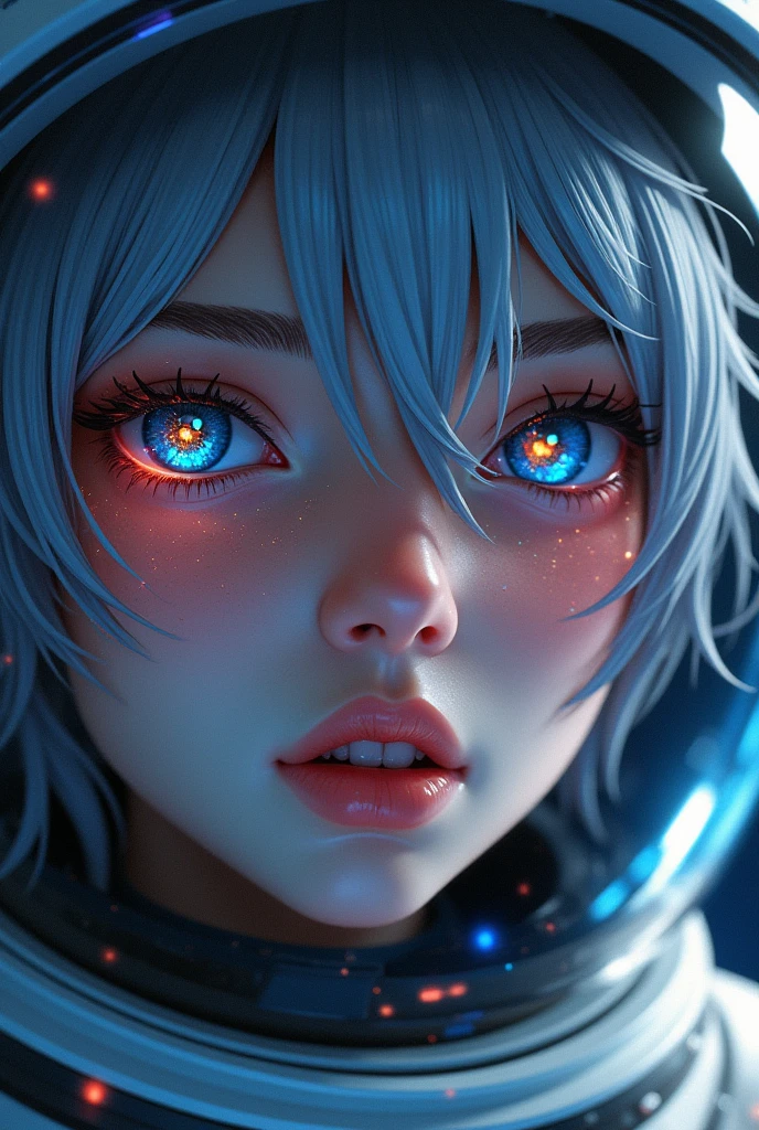 (Close-up of a better masterpiece:1.5)0.9], (Space and astronauts:1.2) (Messy silver hair:1.1) (Heterochromia xanthochromia and blue eyes:1.2) (Space Helmet:1.0) (Colored stars in the eyes:1.0) (A radiant glow:1.1) (thick lips:0.9)