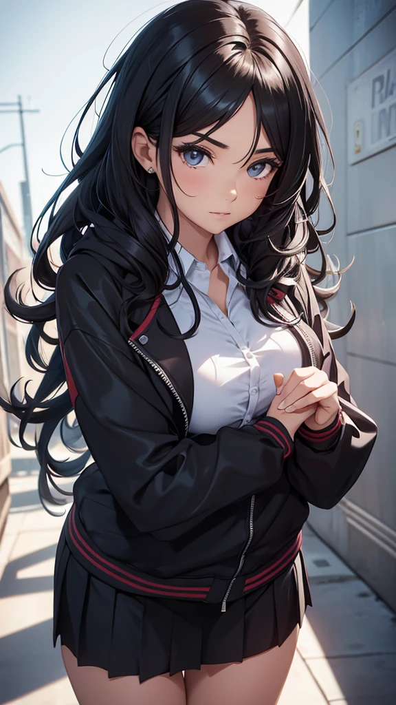 Cuerpo completo, mujer hermosa, a close up of a woman in a skirt and jacket posing, her black hair is a long curly, promo still, magic school uniform, wearing a track suit, promotional images, wearing jacket and skirt, wearing a tracksuit, wearing school uniform, black haired girl wearing hoodie, promotional still, wearing a school uniform, photo from a promo shoot, wearing headmistress uniform