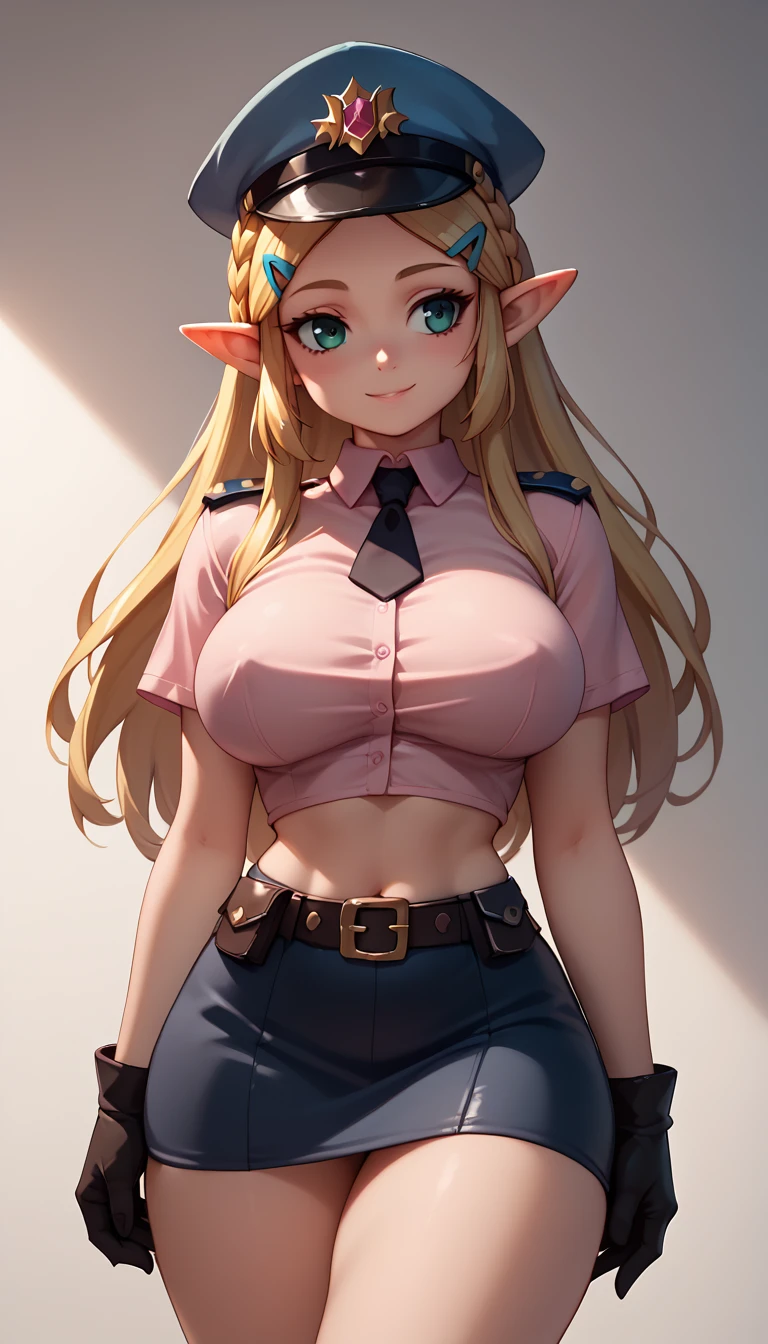 High resolution, Very detailed, perfect lighting, beautiful detailed eyes, ((masterpiece,Best Quality)), absurdities, alone, princess zelda, by the width, crown braid, Hair clip, pointy ears, Gloves without fingers, black gloves, smile, curves, nod, , deep neckline, deep neckline, sexy pink police costume, touching her breasts in a sexy way, close up, looking ahead, tight short skirt, pink cropped fitted shirt, police hat, look ahead, Close up, visible breasts, visible nipples 