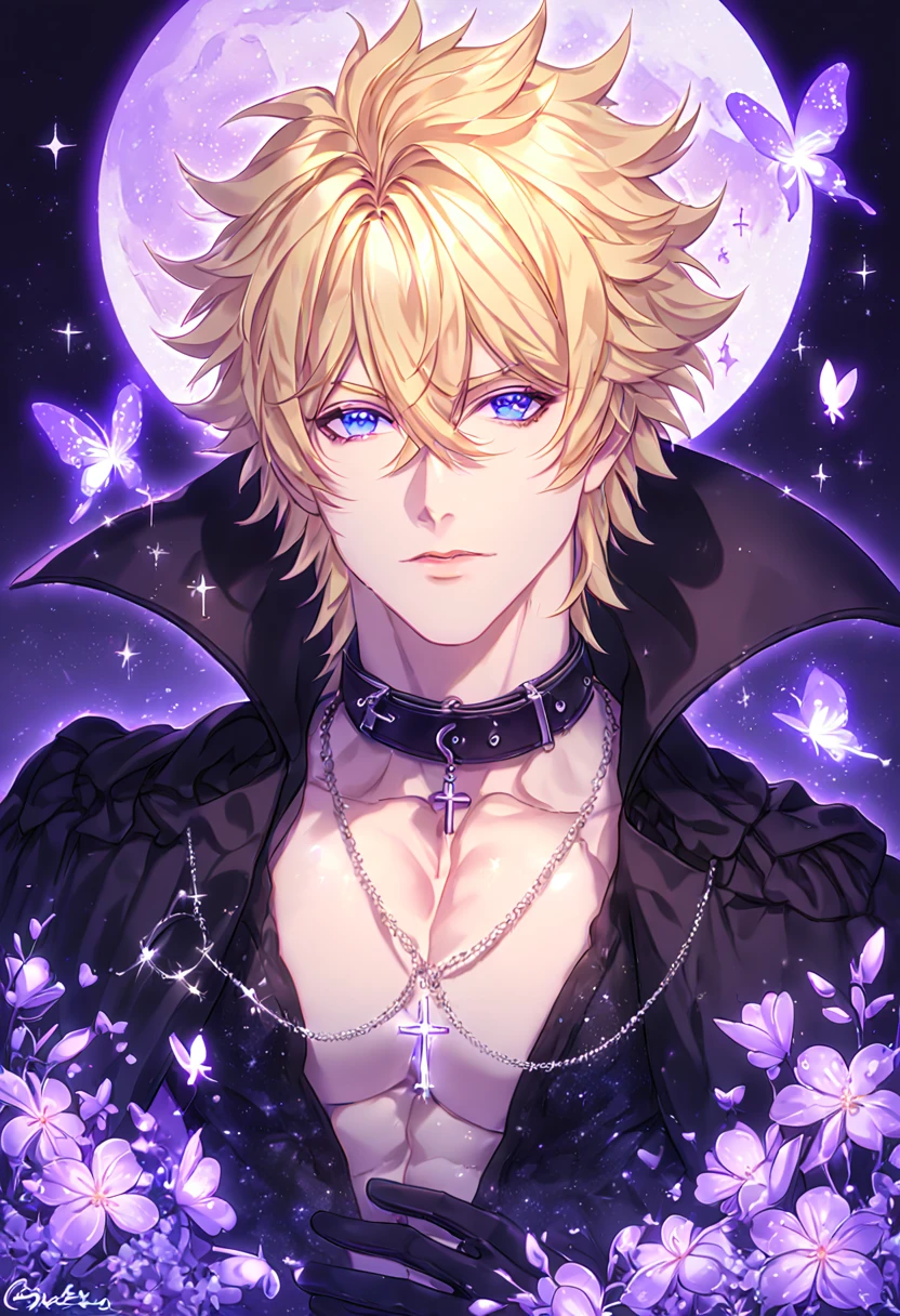 absurdres, highres, ultra detailed, HDR, master piece, best quality, Frau, blonde hair, spiked hair, hair between the eyes, expressive blue eyes, 07 Ghost, solo, sexy man, handsome, sensual, manly man, black trench coat with high collar, collar, cross necklace, showing the chest, fantasy, black gloves, magical, shining, purple flowers, blossoms, water, purple petals, purple butterflies, sparkling, purple moon, starry sky