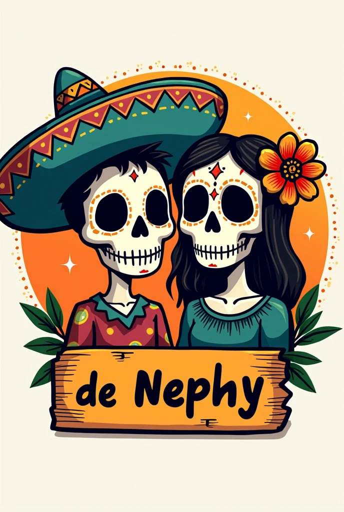 Generate a cartoon-style logo with the head of a skull boy and a skull girl with a mariachi hat with a marigold flower, and a sign that says Restaurante de Nephy