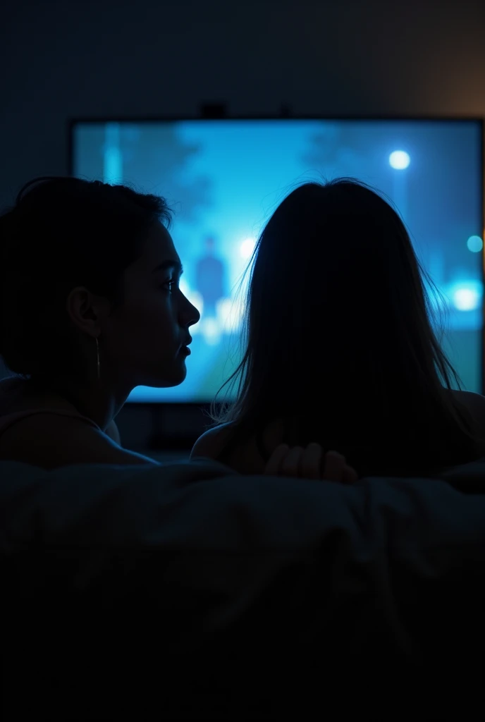 A 15 year old girl looking while watching TV while her boyfriend takes a picture of her from behind with the lights off and without showing their faces with the lights off and without showing her boyfriend make it more realistic and lower the light a little more