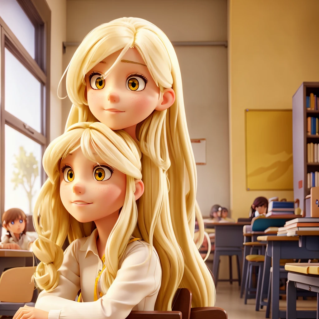 A beautiful girl is sitting in her classroom, with long white hair and beautiful yellow eyes and sullen expression.