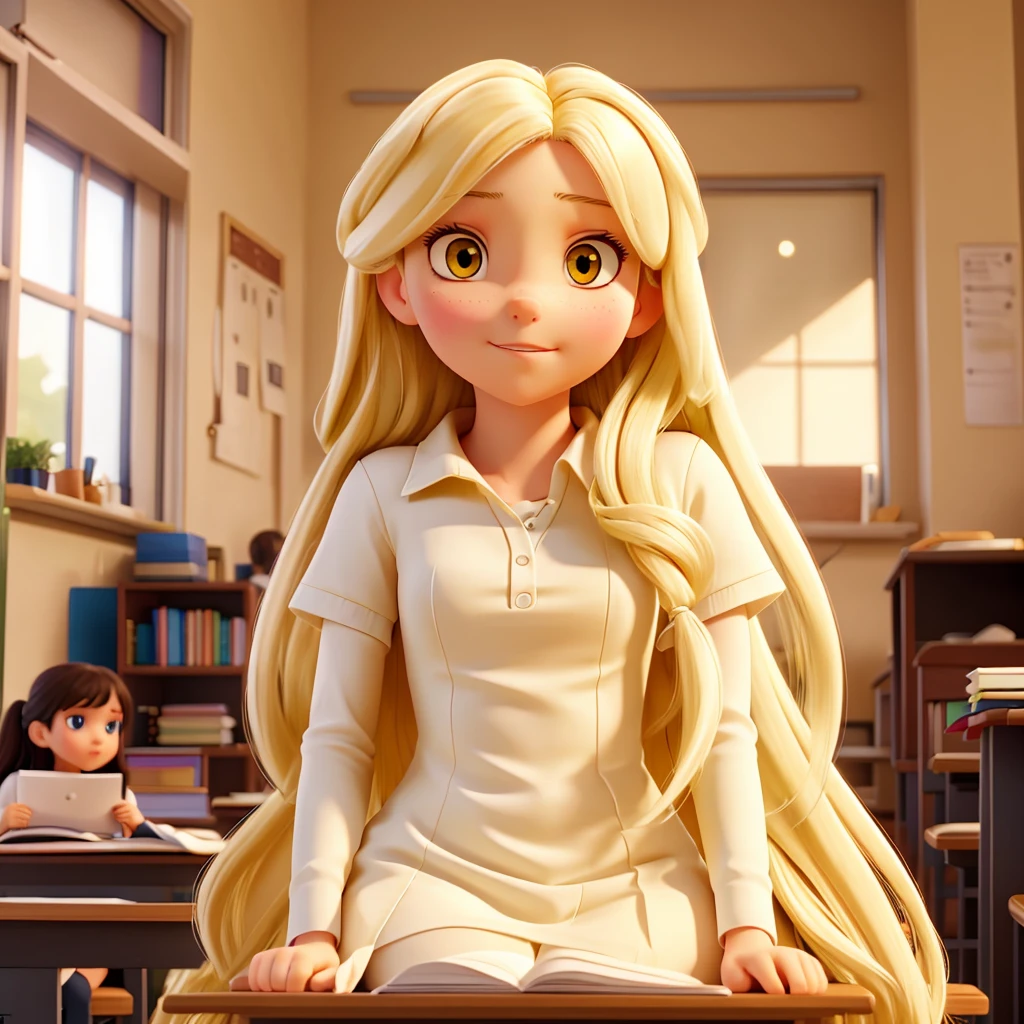 A beautiful girl is sitting in her classroom, with long white hair and beautiful yellow eyes and sullen expression.