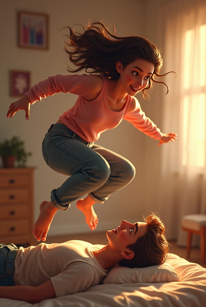 Woman jumping on a man