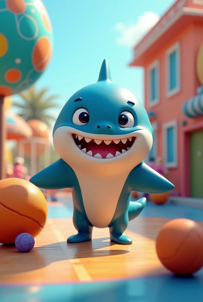 Shark a friendly character, appears in a colorful setting with various sports equipment in the background. 