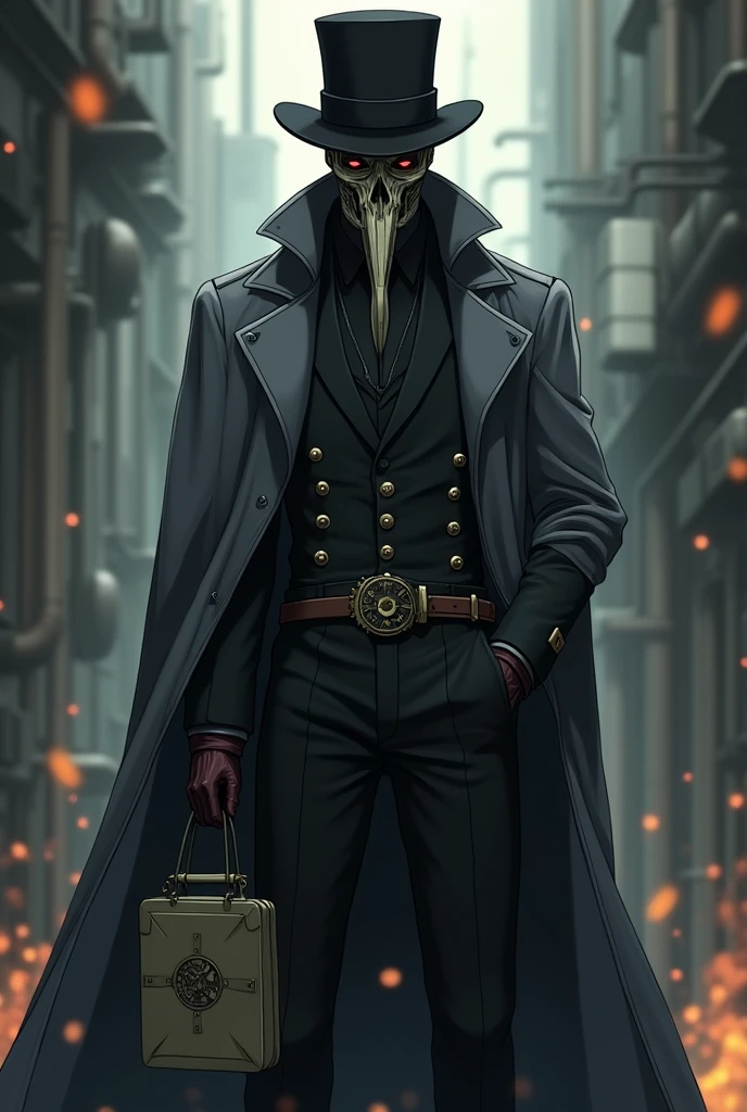 A strong young man, black clothing, gray overcoat, plague doctor mask, a medicine bag and a black top hat. In steampunk anime style 
