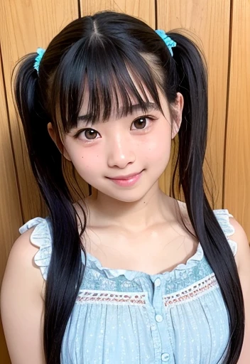 (highest quality,masterpiece:1.3,ultra high resolution),(Super detailed、caustics) (Photoreal:1.4, RAW shooting、)ultra-realistic capture、very detailed、natural skin texture、masterpiece、(summer dress:1.3)、1 Japanese girl、adorable expression、expression of happiness、14 years old、young face、surprisingly cute、twin tails、curly hair、black hair、Scrunchie、light makeup、Big breasts that are about to burst、Middle school student's favorite pose、Photographed in a private garden、Shining thighs、summer sunshine、smile、inviting gaze、