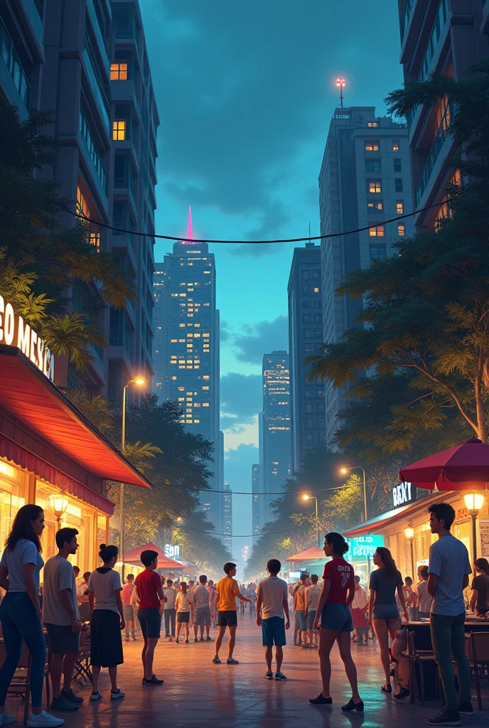Create an image that describes your taste for the city, go out at night, study, playing soccer and walking in Panama City