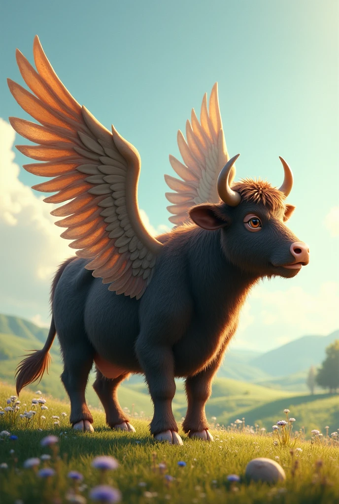 A cow with wings in profile