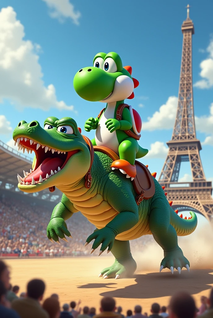 Make Yoshi riding an alligator at the Paris Olympics