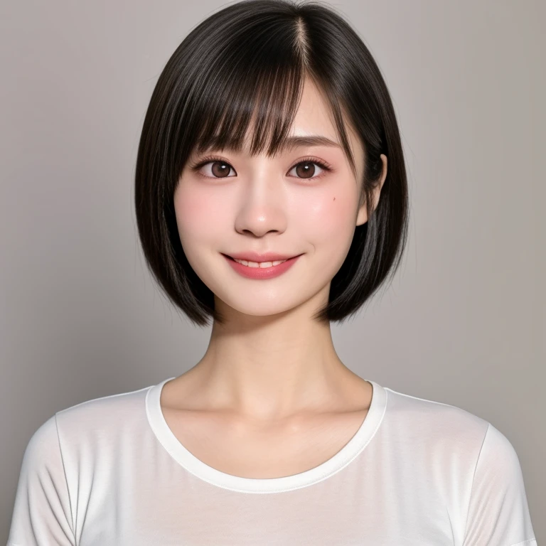(kawaii 24 year-old Japanese girl, Nogizaka idol, Korean idol), healthy female athlete body, (glossy black hair, short hair, pixie cut, bangs:1.3), (rounded face, pure black eyes, single eyelid, no makeup, splashing best smile:1.2), (breasts emphasized, crew neck white t-shirt, cropped length:1.3), extra small breasts, BREAK, (plain white background:1.3), (dynamic angle, bust shot:1.2), BREAK, (masterpiece, best quality, photo realistic, official art:1.4), (UHD, 8K quality wallpaper, high resolution, raw photo, golden ratio:1.3), (shiny skin), professional lighting, physically based rendering, award winning, (highly detailed skin, extremely detailed face and eyes), Carl Zeiss 85 mm F/1.4, depth of field, 1girl, solo,
