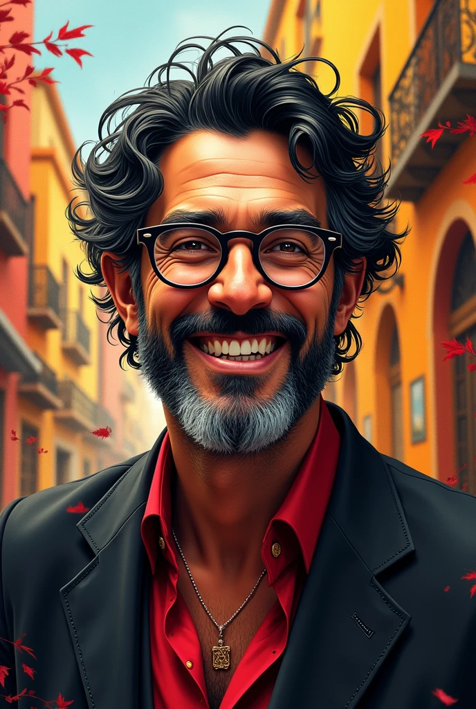 Create an image of a 40 year old man with black hair with white strands wearing glasses who is very happy and also has a black beard with white strands and is addicted to flamego