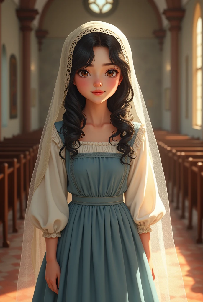   chubby girl smiling, white skin and brown eyes with almost long curly dark colored hair standing in a catholic church , with a light blue dress, modest and long, peasant style and without necklines , and a beautiful veil in her hair that was used in masses for single women in the past 
