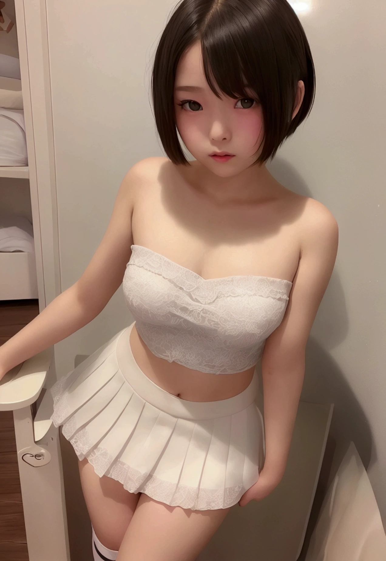 short hair、Very beautiful 14 year old cute girl、Sexy and very beautiful、Very cute face,extremely beautiful、White strapless vest、miniskirt、Knee socks、Lean forward、Pout your hips