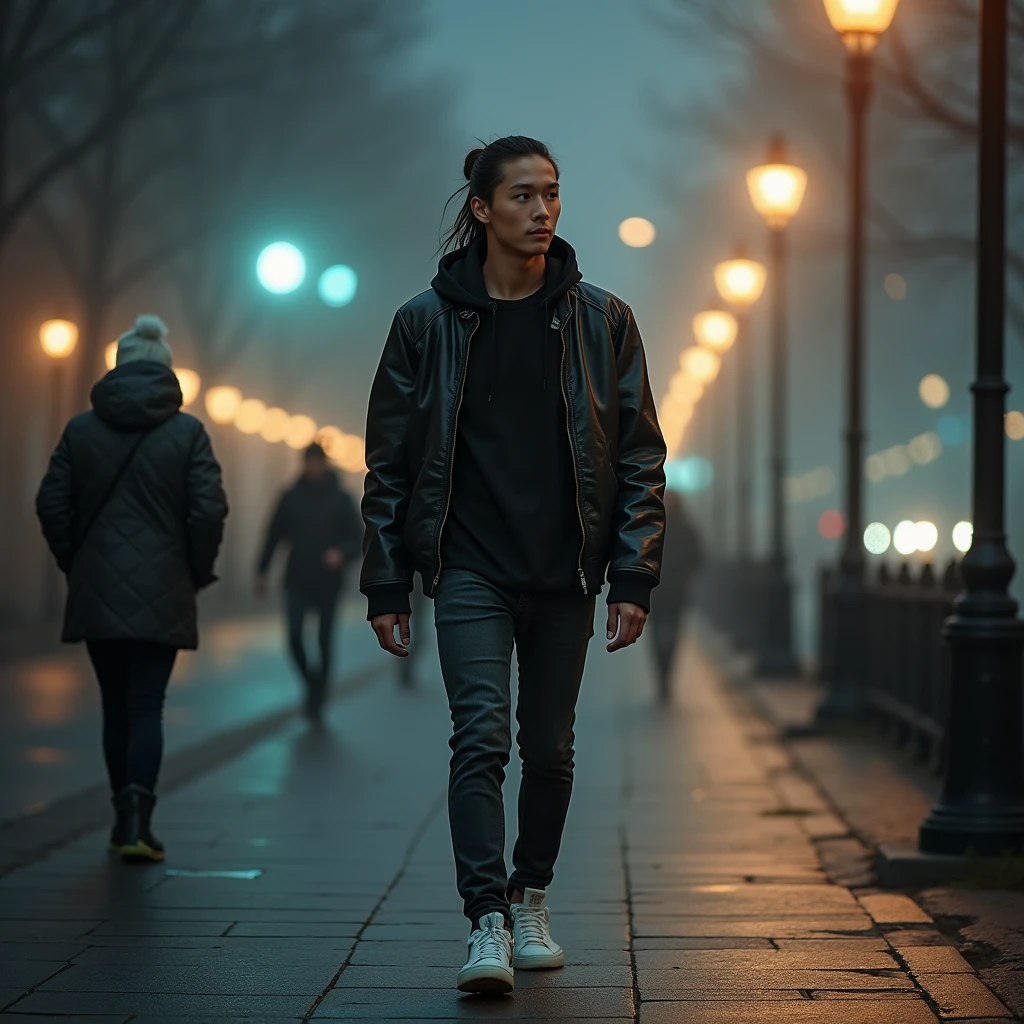 Young skinny asian man with pulled back hair, wearing black tshirt, leather jacket with hoodie, black jeans and white sneakers. Walking on sidewalk, dramatical street lamp light, with misterious misty cityscape, other Pedestrian is walk by at the distance. Other Pedestrians move make a motion blur effect, but high detail on main subject