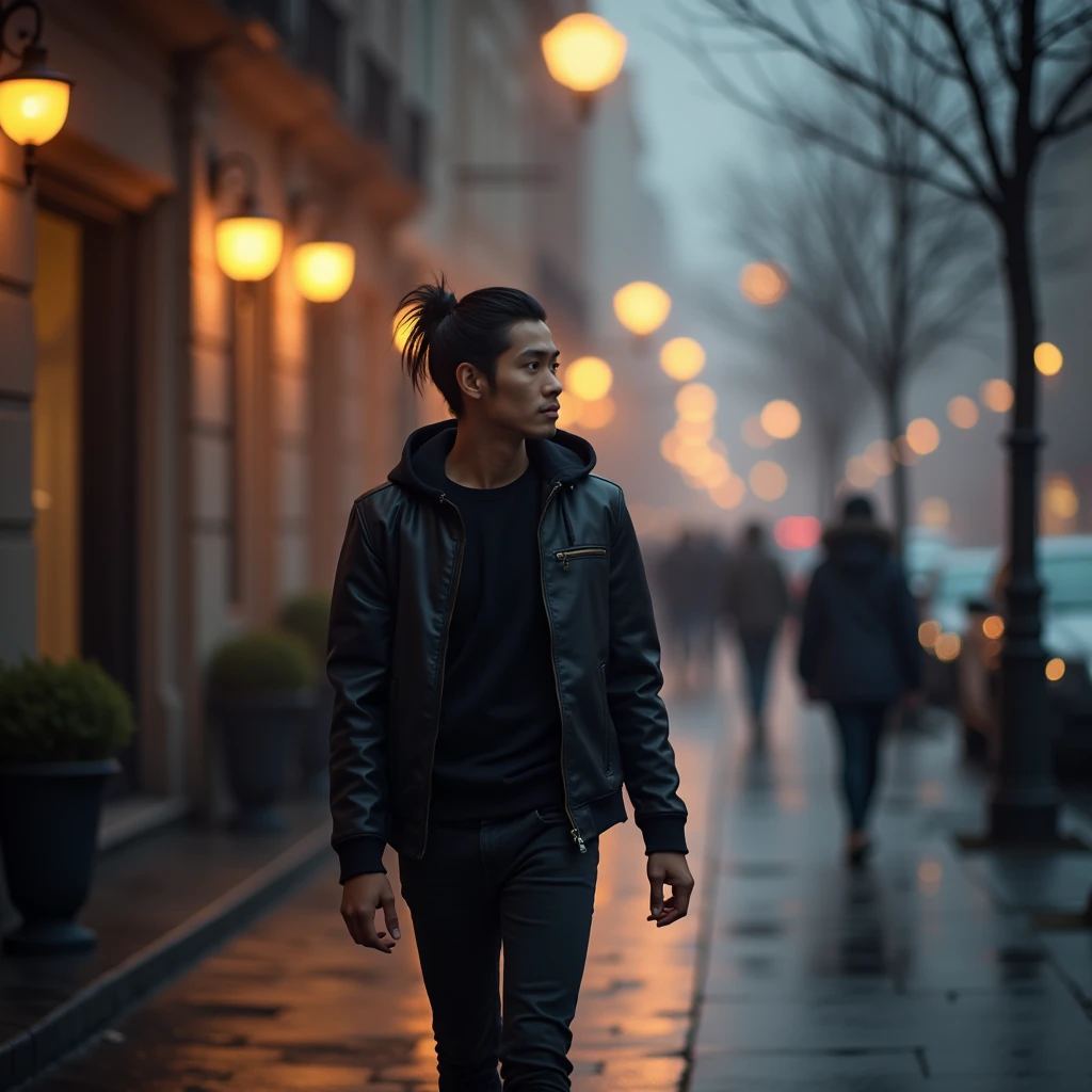 Young skinny asian man with pulled back hair, wearing black tshirt, leather jacket with hoodie, black jeans and white sneakers. Walking on sidewalk, dramatical street lamp light, with misterious misty cityscape, other Pedestrian is walk by at the distance. Other Pedestrians move make a motion blur effect, but high detail on main subject