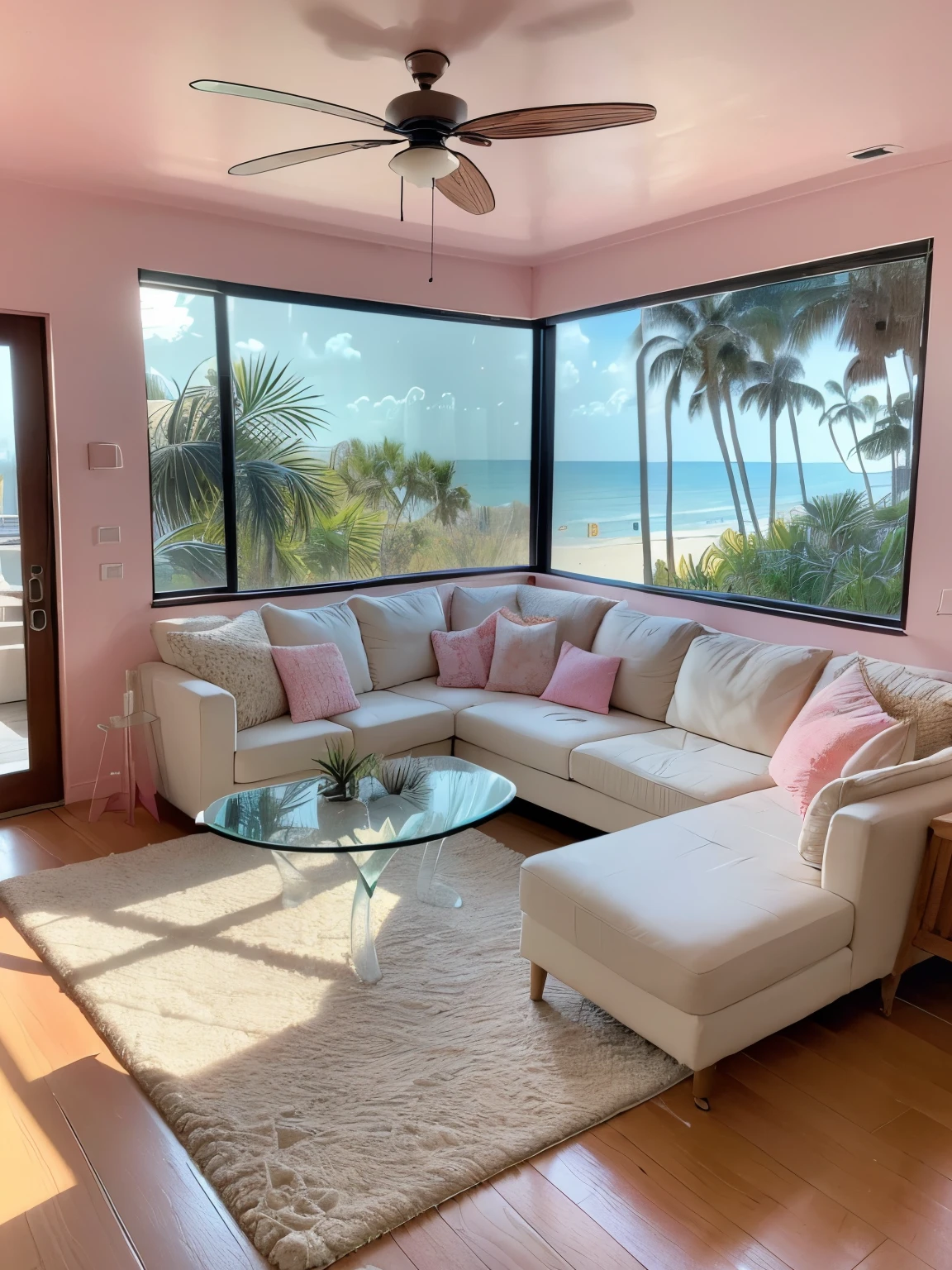 (masterpiece, best quality:1.2), professional lightings, cinematic lightings, 8k wallpaper, (in living room, TV, view palms tree via window:1.1, ocean and beach view via window:1.2, pink painted wall, carpet, wooden floor, house plants, ground floor), (((clothes, on the low glass table))), on carpet,