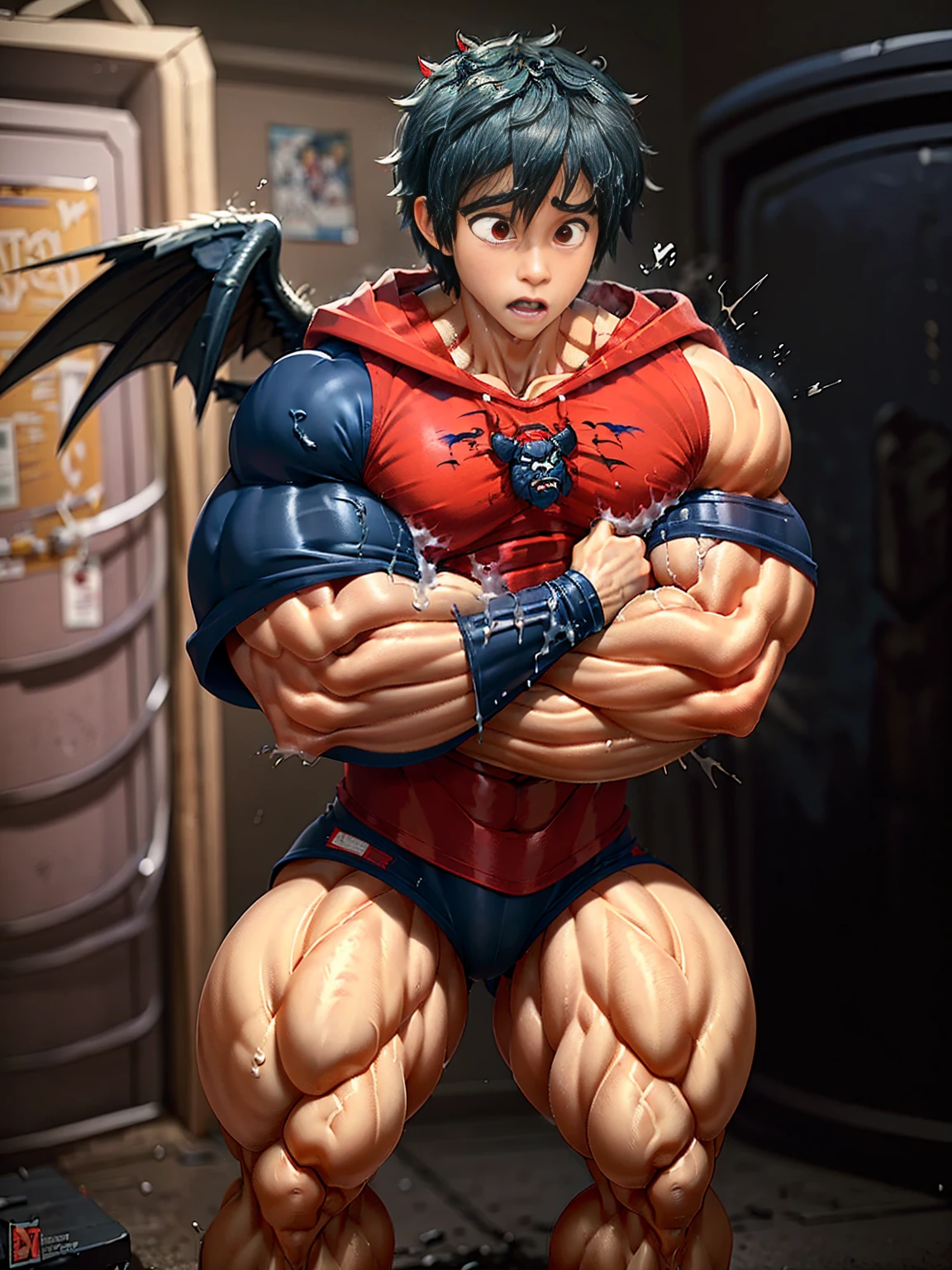 A boy with demonic wings is wearing a hero suit,Mouth wide open to express pain,profuse sweat and drool,,Liquid drips,Showing strength, A well-trained body like a bodybuilder,Orgy,Masturbation,Red shirt and navy blue hoodie,bulging muscles,Muscular legs