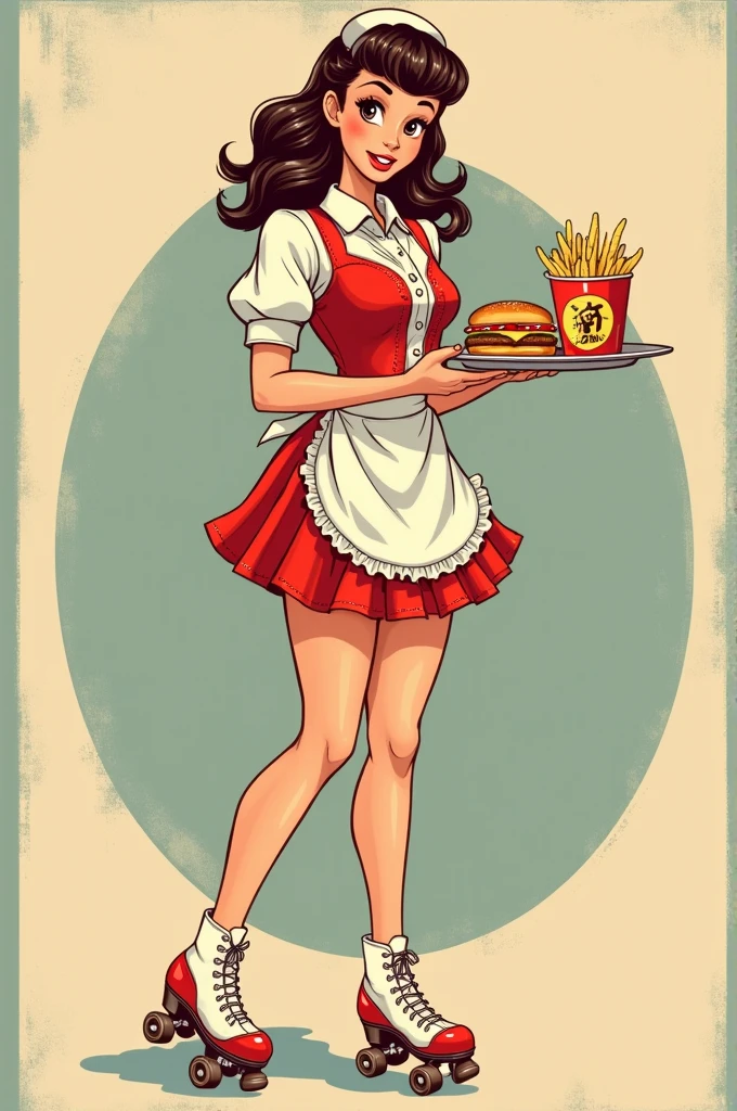 Create a retro vintage waitress woman with dark brown wavy hair, with dark brown eyes, holding a tray with burger and fries, dressed in red and white skates, 50s retro vintage style drawing