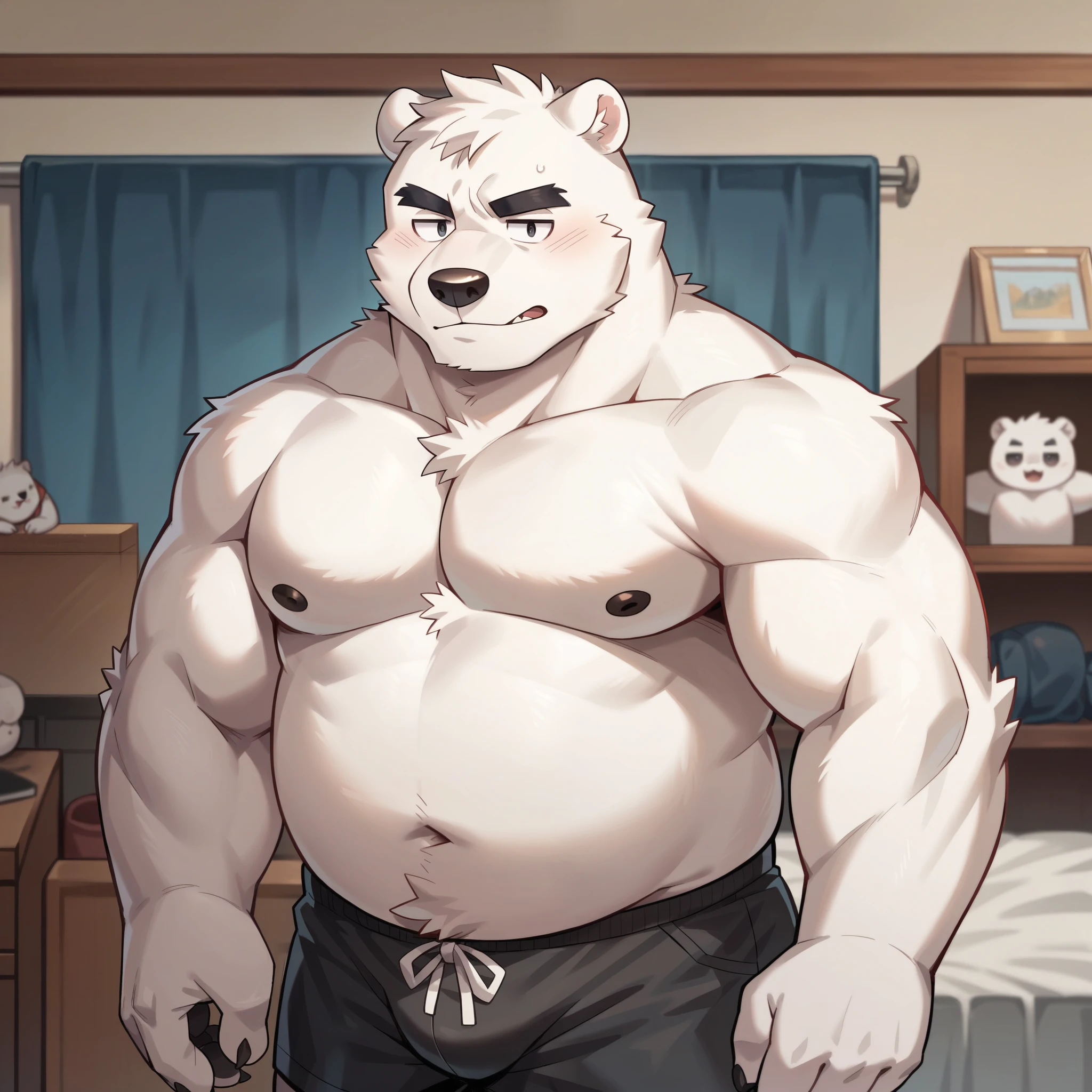 Scribble polar bear face,Humanity(polar bear),(Topless:1.3),Chubby,(Black eyebrows:1.1),(Perfect eyes),White fur,(artist:Takemoto Arashi),Living room background,(Black shorts:1.3),paw,(push-up:1.3)