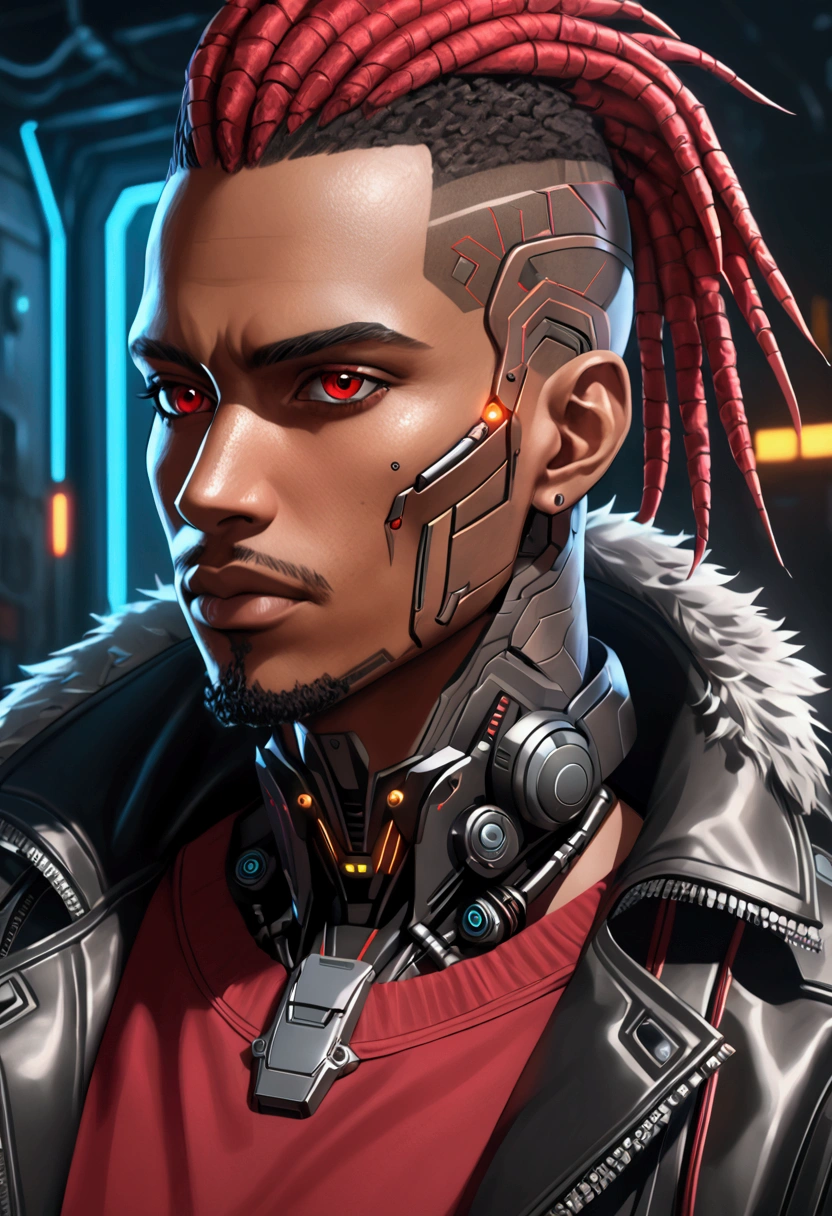 (Best quality, masterpiece, anime style, full of details), 1male, official anime art illustration, African American Male with dark brown eyes, a cartoon of a man with a mask on his face, ((red)) baggy eyes black and red dreadlocks, he wearing a red shirt and leather cyberpunk jacket with fur collar, semi-realistic cyberpunk style, portrait of a cyberpunk man, cyberpunk art ultrarealistic 8k, cyberpunk style , hyperrealistic, cyberpunk character, trendin on artstation, cinematic full character, trending on artstation 4k, portrait of a cyberpunk cyborg, cinematic realistic portrait, cyberpunk hero perfectly photorealistic, incredibly detailed, 8k, UHD, masterpiece, best quality, ultra detailed, intricate,