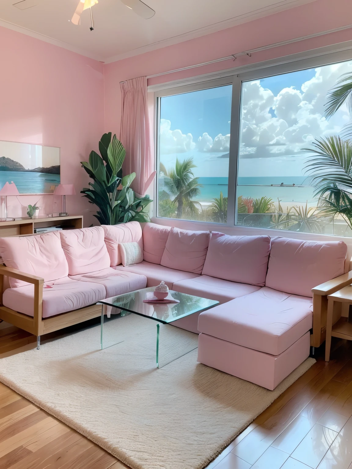 (masterpiece, best quality:1.2), professional lightings, cinematic lightings, 8k wallpaper, (in living room, TV, view palms tree via window:1.1, ocean and beach view via window:1.2, pink painted wall, carpet, wooden floor, house plants, ground floor), (((clothes, on the low glass table))), on carpet,