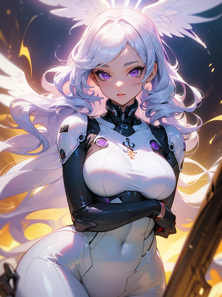 ((ultra quality)), ((masterpiece)), ((Water)), ((fire)), ((Angelic beauty woman)), ((long white curly hair)), ((White hair)), ((White hair)), ((curly hair)),  (beautiful face), (beautiful female lips), Enchanting ((Seductive facial expression)), looks at the camera with a slight smile, (White skin color), (White skin), glow on the body, ((detailed eyes)), ((violet eyes)), (juicy female lips), (dark eyeliner), (beautiful female hands), ((thick body)), ideal female body, ((combat suit)), beautiful waist, beautiful big hips, big breasts, thick thighs, ((Subtle and beautiful)) (), ((depth of field)), ((high quality clear image)), (delete details), ((High detail)), ((clear focus))