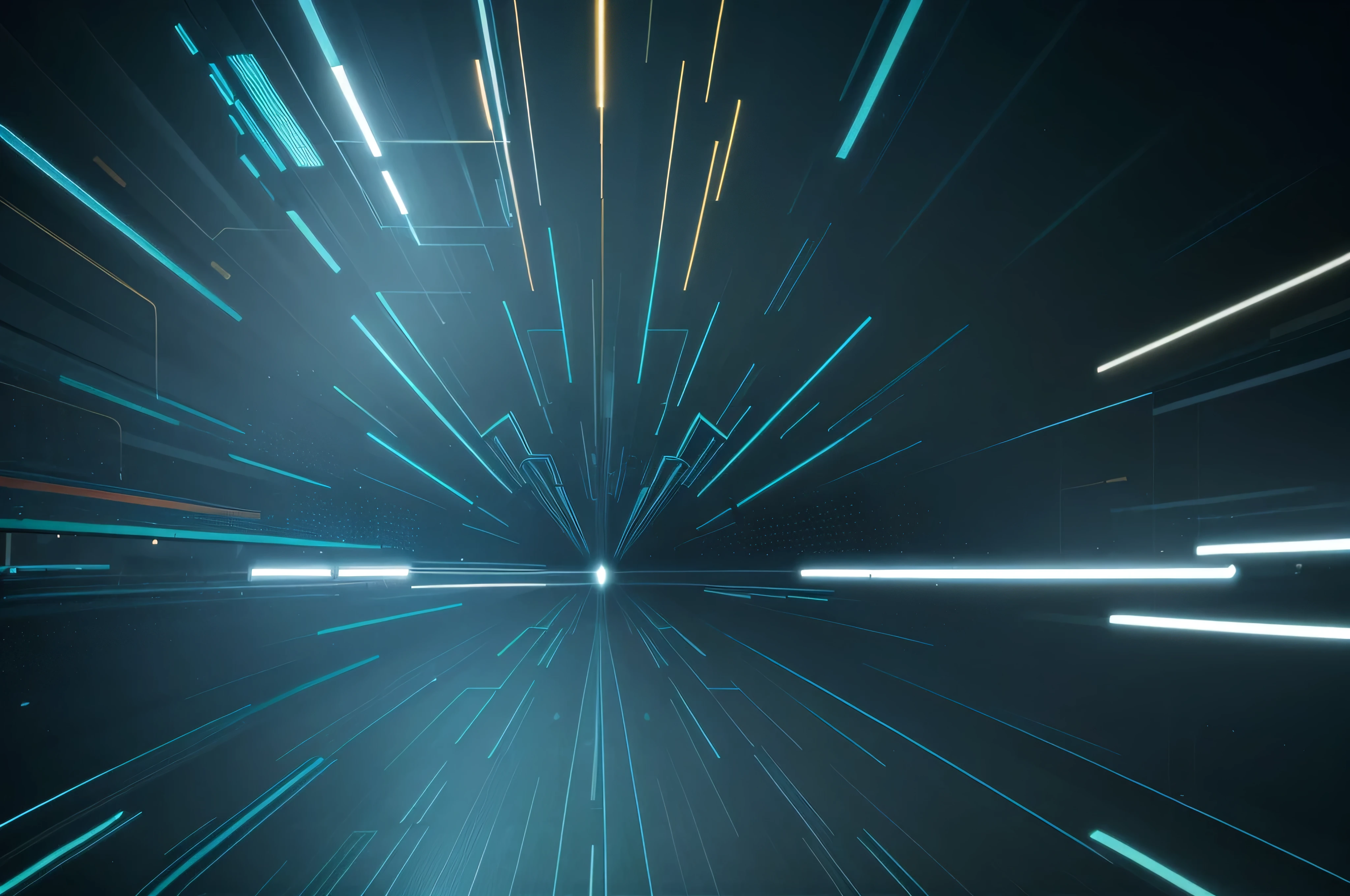 Modernistic tech background featuring geometric shapes and circuit patterns, high detail with a vibrant color palette, incorporating bright blues and greens, with some areas intentionally blurry and muted, showcasing long exposure motion blur effects in the foreground., high detail, split gradient colors background, golden hour glow