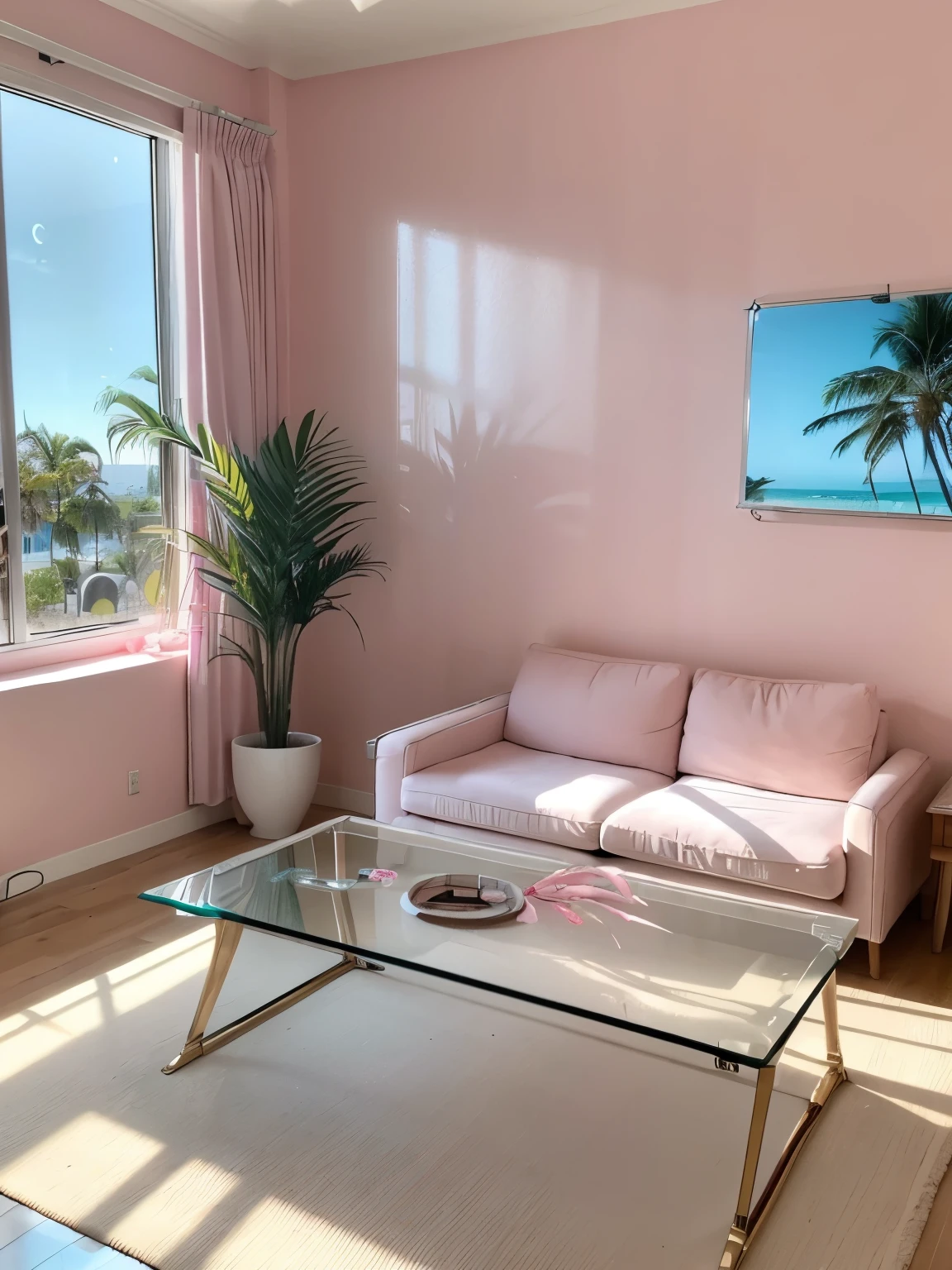 (masterpiece, best quality:1.2), professional lightings, cinematic lightings, 8k wallpaper, (in living room, TV, view palms tree via window:1.1, ocean and beach view via window:1.2, pink painted wall, carpet, wooden floor, house plants, ground floor), (((clothes, on the low glass table))), on carpet,