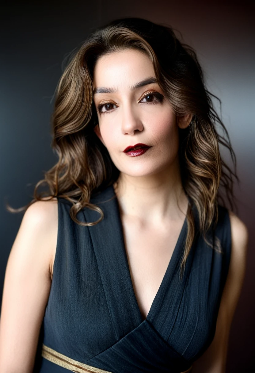 22 yrs Beautiful woman, long flowing hair, right side hair part, Flowing sleeveless Dress, (close-up, editorial photograph), [[Wide-angle photo]], (background inside dark, moody, private study:1.3), full body portrait, by lee jeffries, nikon d850, film stock photograph, 4 kodak portra 400, camera f1.6 lens, rich colors, hyper realistic, lifelike texture, dramatic lighting, cinestill 800, eye contact, faint smile, 1920s style, , soft makeup, Dark Hazel eyes, Eye contact, young woman in her 20's,
