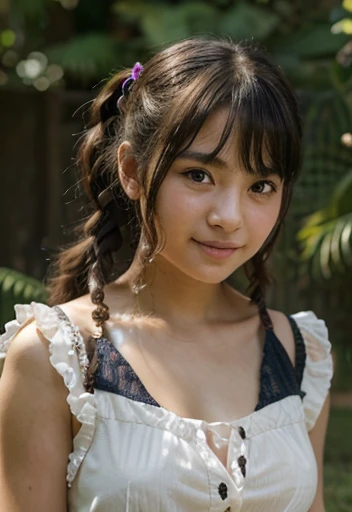 (highest quality,masterpiece:1.3,ultra high resolution),(Super detailed、caustics) (Photoreal:1.4, RAW shooting、)ultra-realistic capture、very detailed、natural skin texture、masterpiece、(summer dress:1.3)、1 Japanese girl、adorable expression、expression of happiness、14 years old、young face、surprisingly cute、twin tails、curly hair、black hair、Scrunchie、light makeup、Big breasts that are about to burst、Middle school student's favorite pose、Photographed in a private garden、Shining thighs、summer sunshine、smile、inviting gaze、