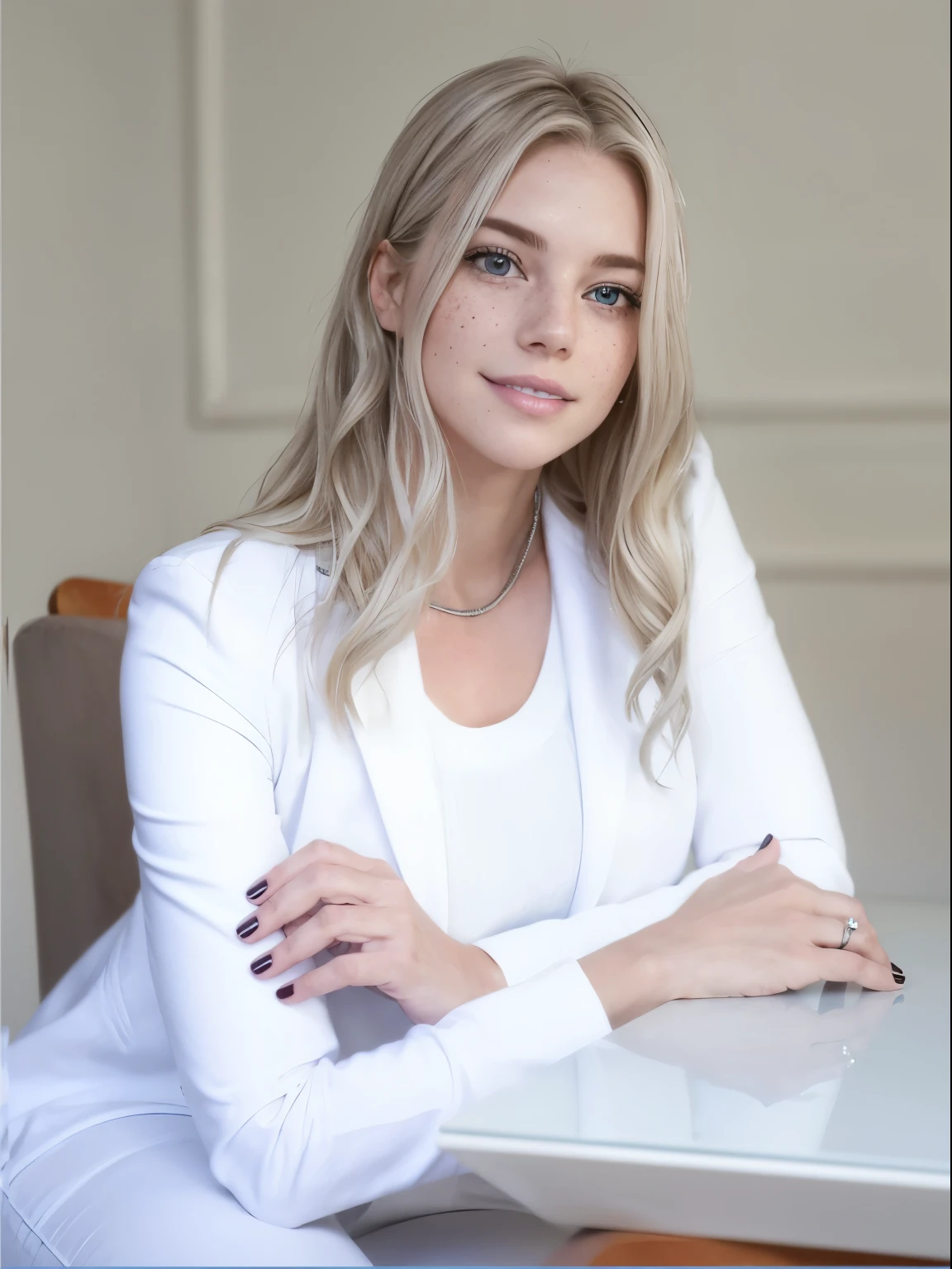 Face of a woman, americana, age 25, pale skin and freckles, grey-eyed, delicate nose, soft and delicate lips, Long Wavy Gray Blonde Hair, Sweet smile, cabelo solto e cheio