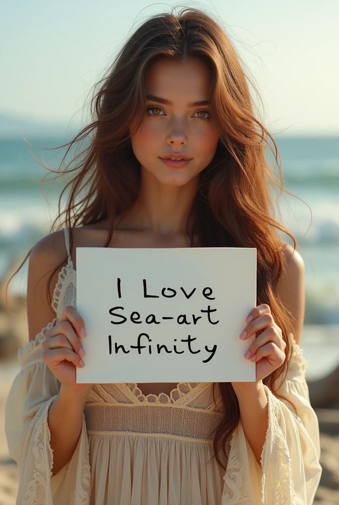 Beautiful girl with wavy long hair, bohemian dress, holding a white board with text "I Love Seaart Infinity" and showing it to the viewer
