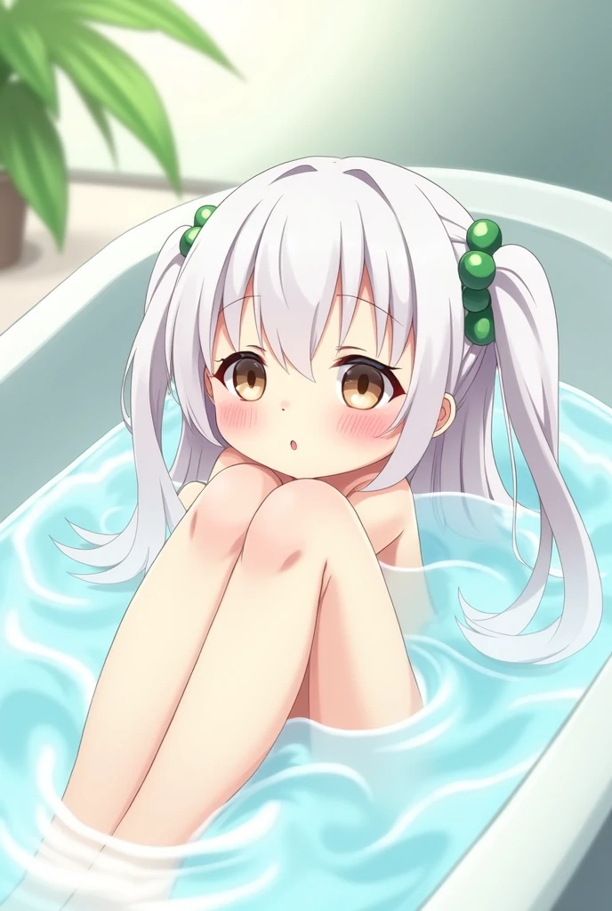 whitening skin, Completely naked,cute face, white hair with twintails, green hair band, take a bath with white water, stretch your legs in the bathtub,cheeks turn red, anime style,