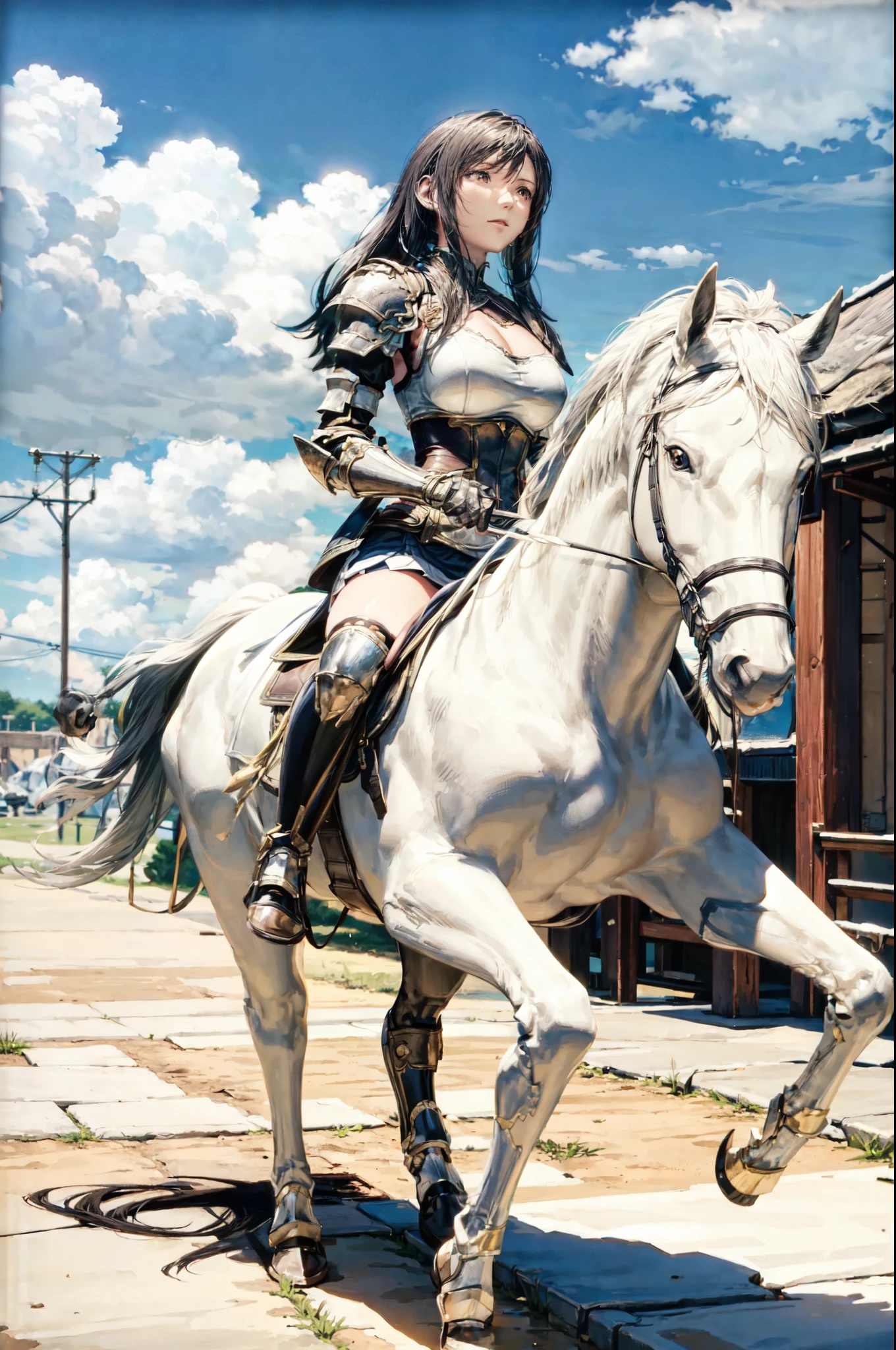((best quality)), ((anime masterpiece)), (high detailed), 8k, cinematic lighting, HDR, vivid color, anime screencap, a female knight riding a BROWN HORSE, {black hair}, medium breast, cleavage, (white armor, white gauntlet, black miniskirt, black boots), (white horse, saddle, stir ups, reins ), river, water, ((from side: 1)), anatomically correct