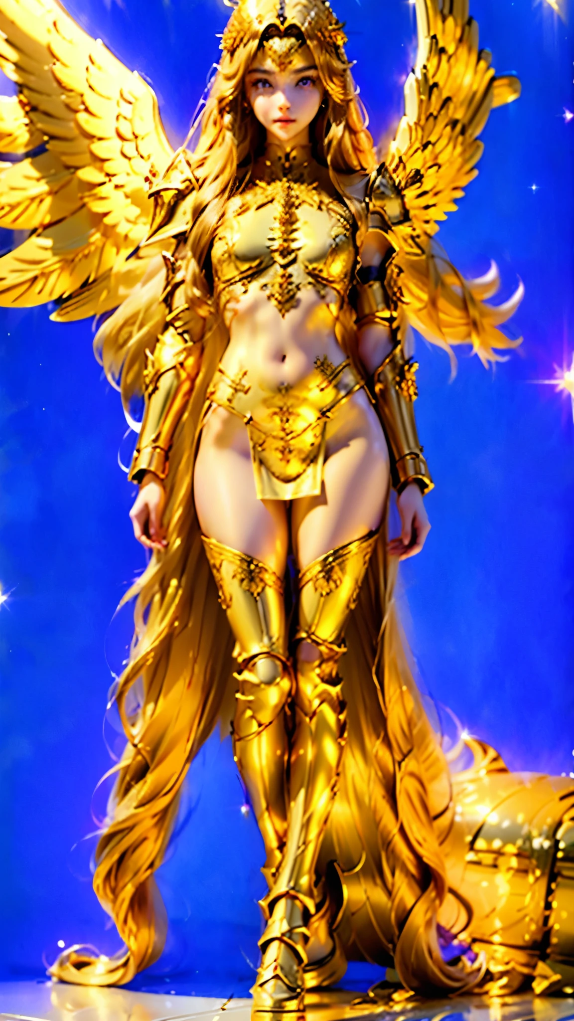 arafed woman in a gold armor with a sword, angelic golden armor, angel knight girl, knights of zodiac girl, angel in plastic armor, wearing gold armor, armor girl, wearing golden armor, gold armor, golden armor, light gold armor, lady palutena, girl in knight armor, golden armour, as a mystical valkyrie, 
([long hair hair]:1.8), (full body:1.8), (upper body up:0.3), (hyper realistic:1.4), (realistic:1.3), (best quality real texture skin), Detailed eyes, detailed face, PERSEPHONE, Hyperrealistic, LESS saggy breasts, (SMALL BREASTS:1.5), (HUGE LEGS:1.5), (LESS THIGHS:1.5), perfect legs, perfect legs, pernas added, pernas added e perfeitas, turned legs, shapely thighs, pernas added, Smooth Thighs. (erotic pose:1.5), (thick eyebrows:1.2), (big purple eyes:1.2), (ultra detailed eyes:1.4), (high resolution eyes:1.1), (ultra detailed skin texture:1.4), (Beautiful toned body:1.1), headband, (Moist skin:1.1), (sensual face:1.5),
