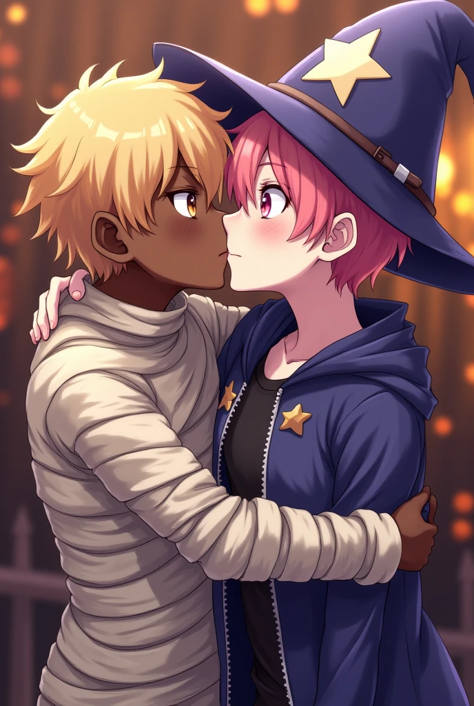 Two boys kissing at a Halloween party. The older boy is dressed as a mummy, but he is a little misplaced and you can see some parts of his body. He is a black boy with blond hair and brown eyes. His boyfriend, who is hugging and kissing him, is dressed as a wizard. He has white skin and his hair is dyed pink. He is wearing contact lenses that make his eyes pink. This image has to be in anime.