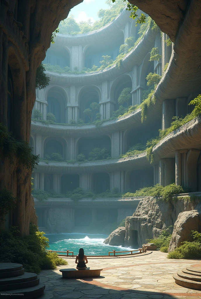 A round building with infinite floors containing many doors, that for each floor each door leads to a different dimension, the coast contains an elevator and it has different descent positions for each floor, The image is viewed from the center of the building where there is a patio, where you can see a bench to appreciate the building 