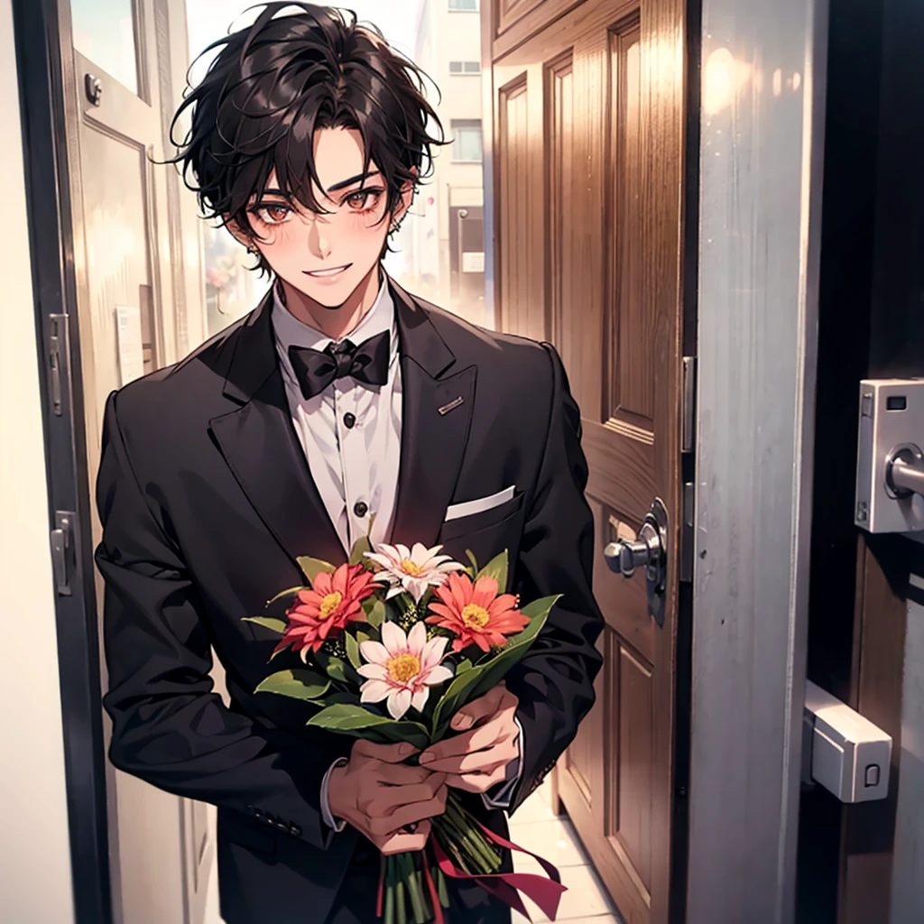 young guy, smiling, giving a bouquet of flowers, blushing, graduated student, street background, POV you are opening the door to him, handsome, almond eyes, black hair, piercings